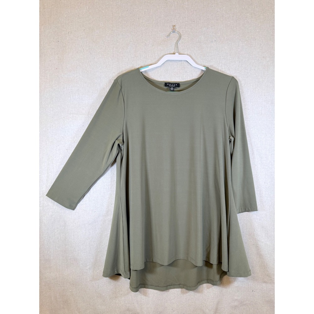 Grace The Perfect Fit Olive Green 3/4 Sleeve High Low Tunic Top Blouse Large